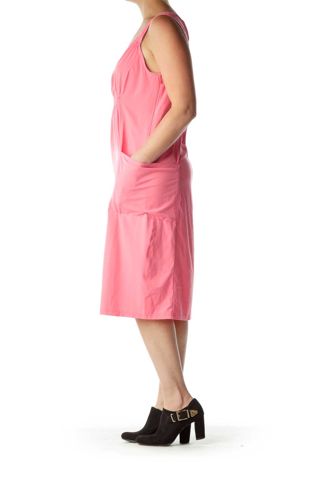 Pink Scrunched V-Neck Day Dress