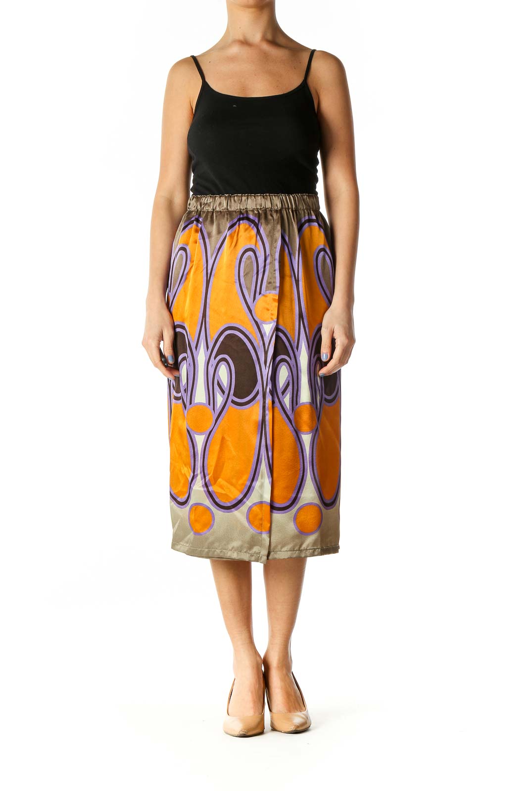 Green Print Silk Skirt with Slit