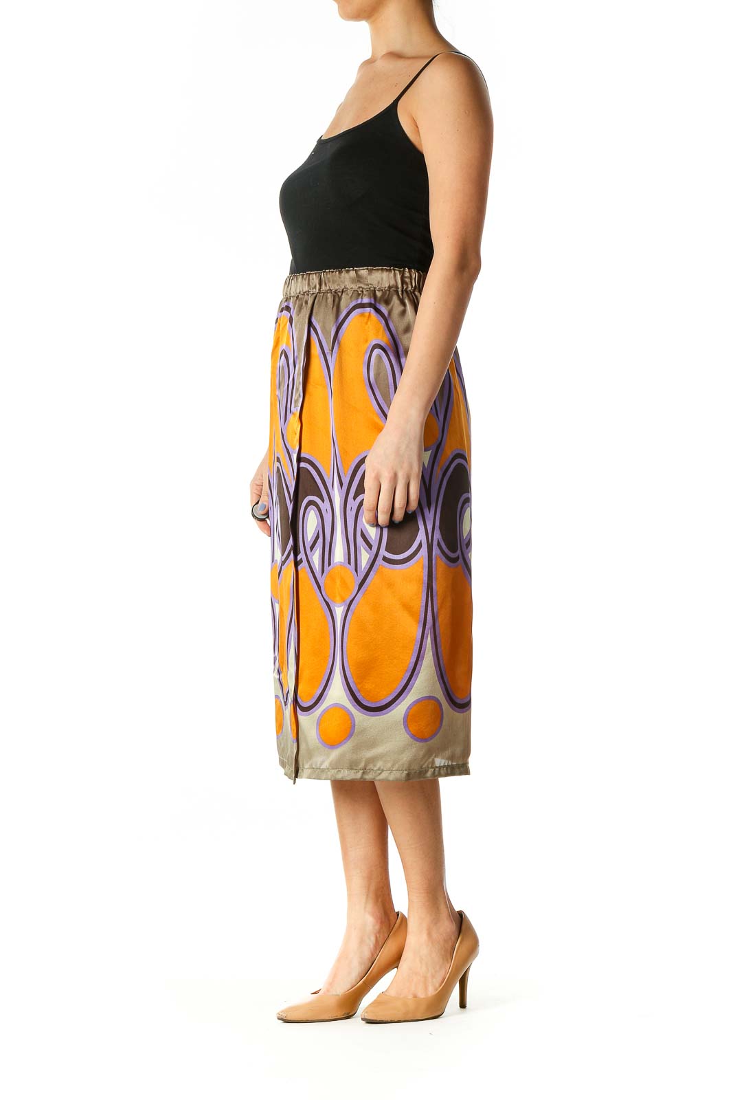 Green Print Silk Skirt with Slit