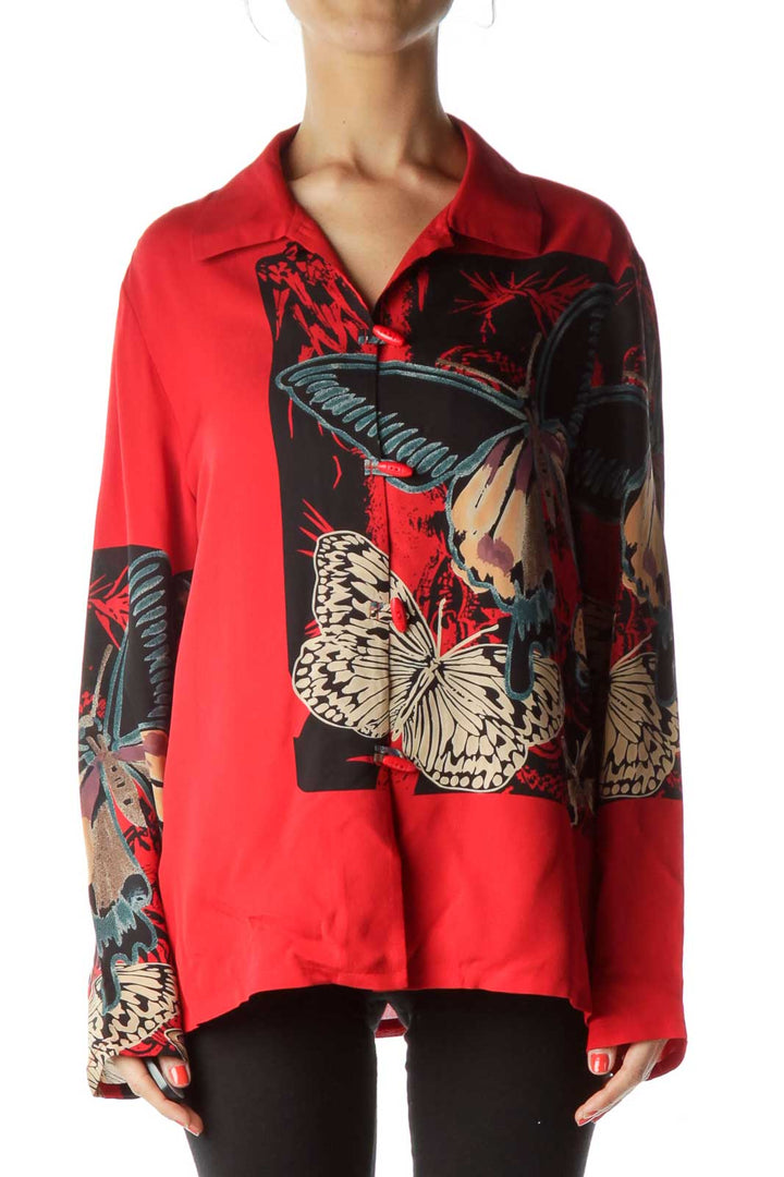 Red Printed Silk Blouse