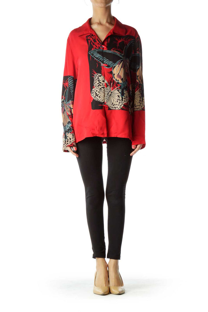 Red Printed Silk Blouse