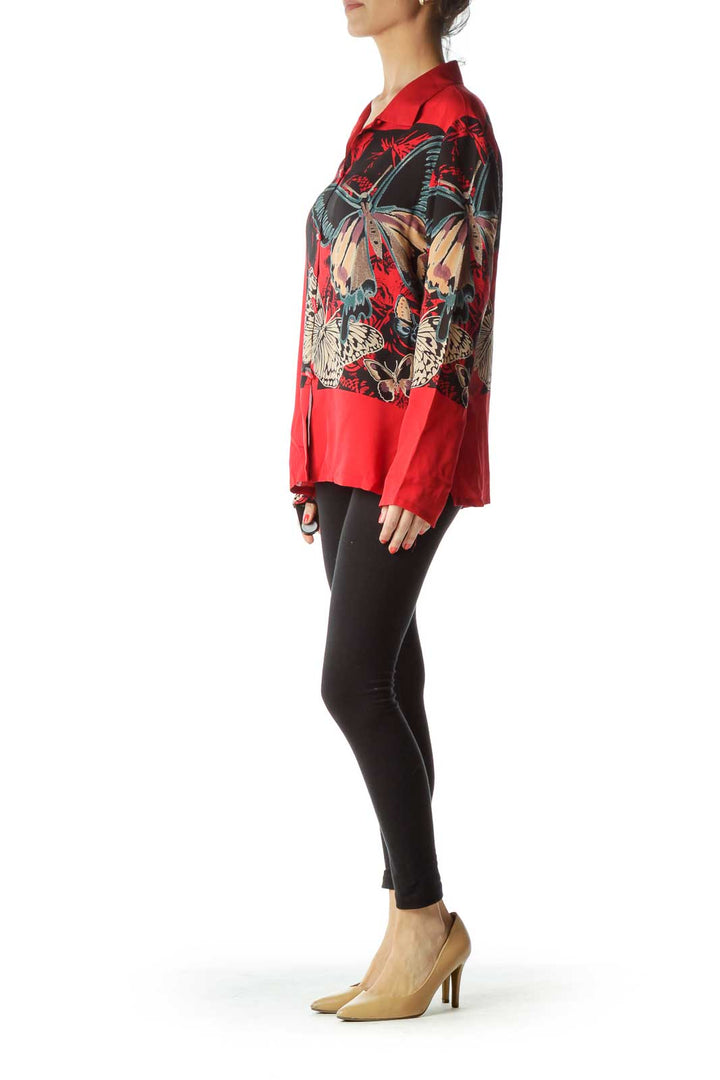 Red Printed Silk Blouse