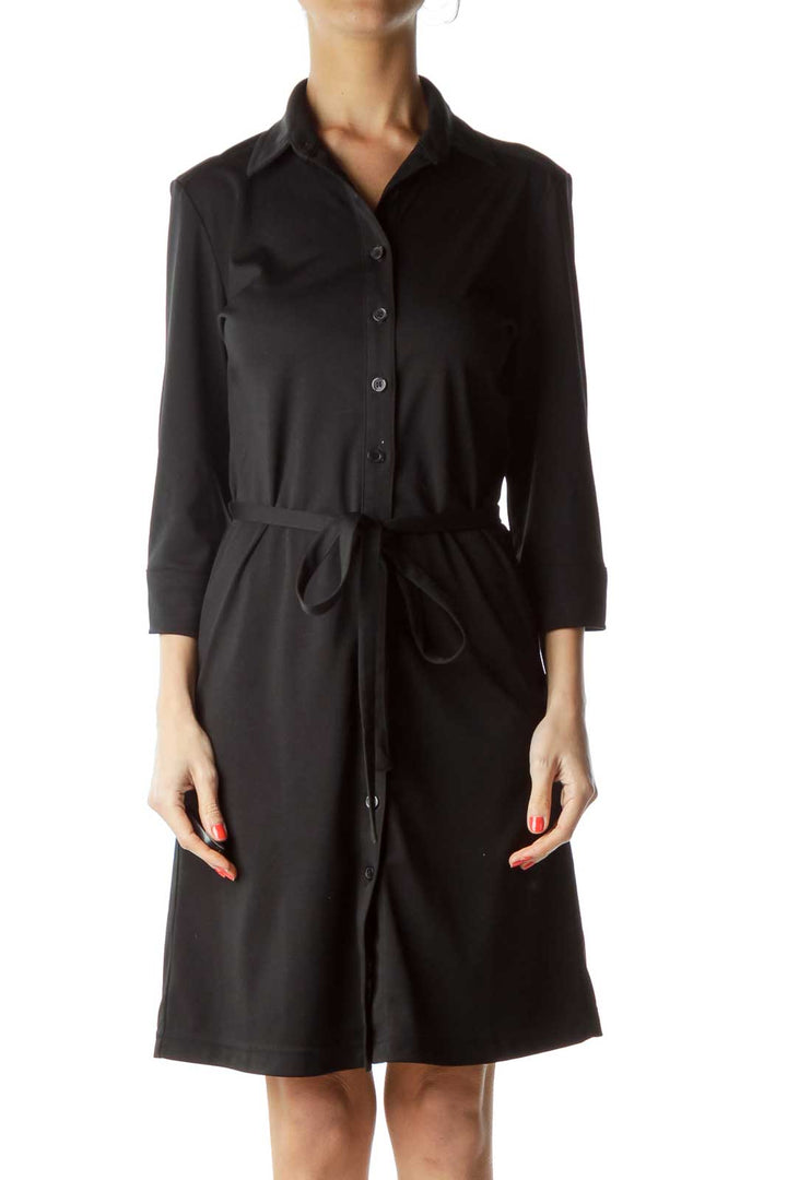 Black Buttoned Long Sleeve Work Dress