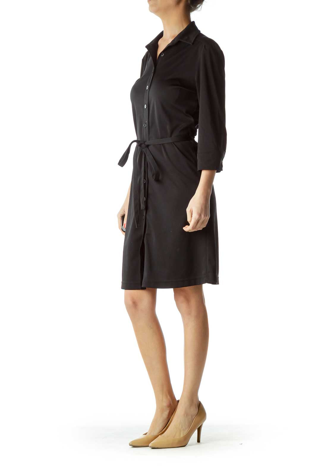 Black Buttoned Long Sleeve Work Dress