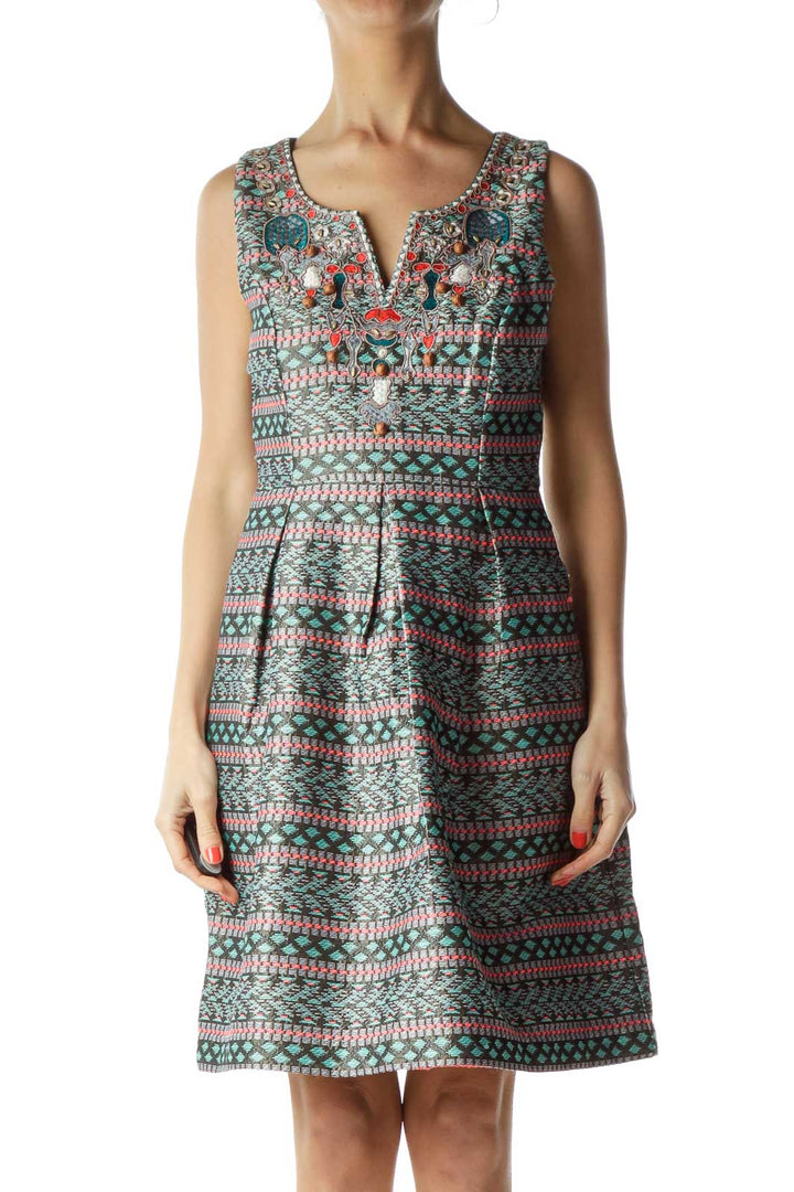 Multicolor Print Embroidered A-Line Dress