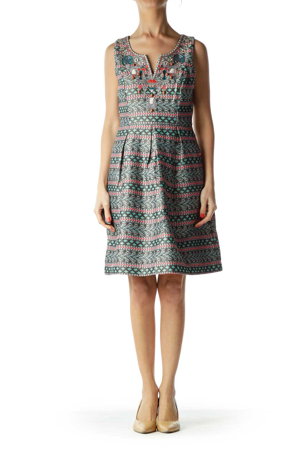 Multicolor Print Embroidered A-Line Dress