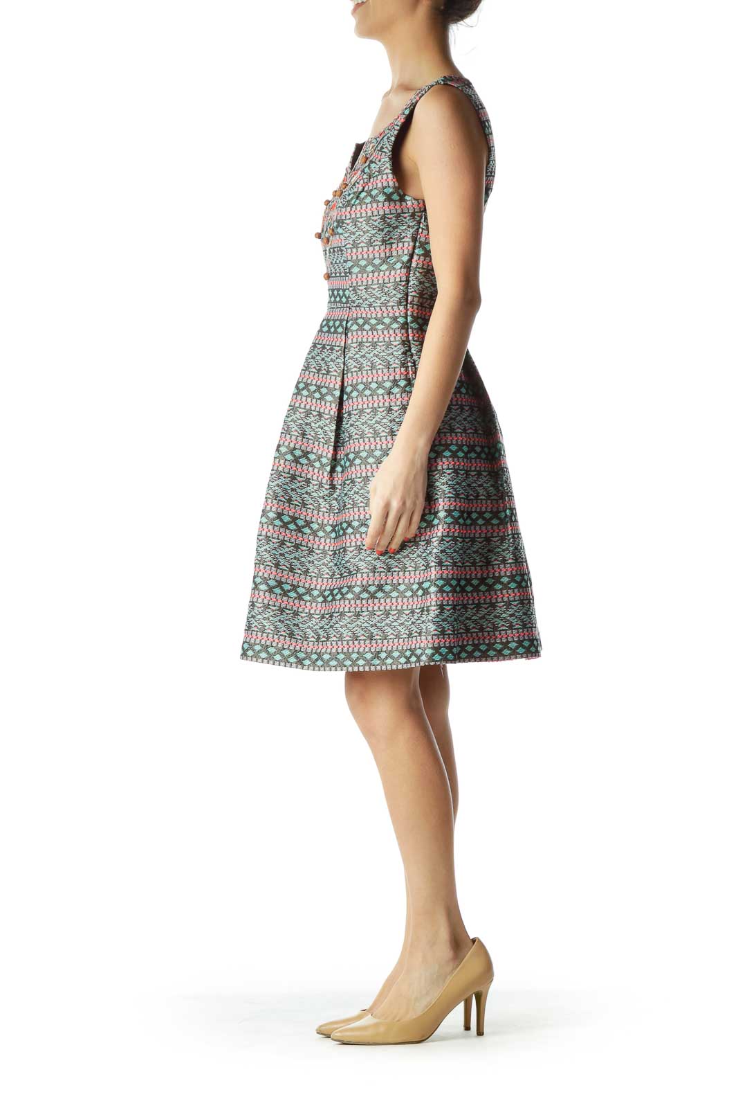 Multicolor Print Embroidered A-Line Dress