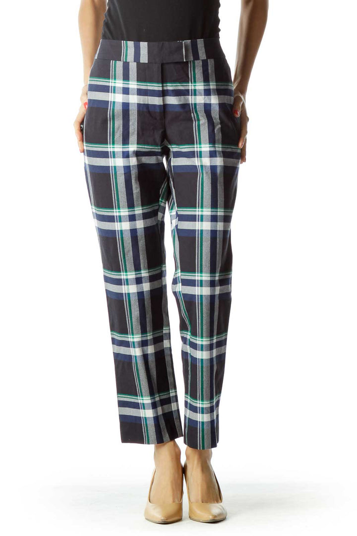 Navy Checkered Straight-Leg Pant