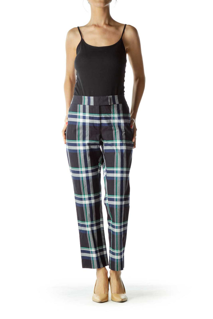 Navy Checkered Straight-Leg Pant