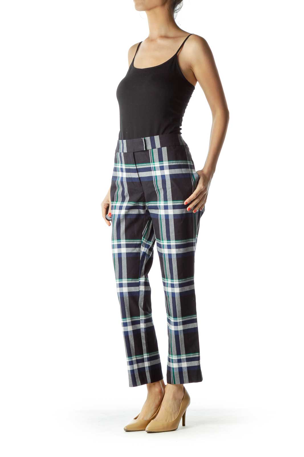 Navy Checkered Straight-Leg Pant