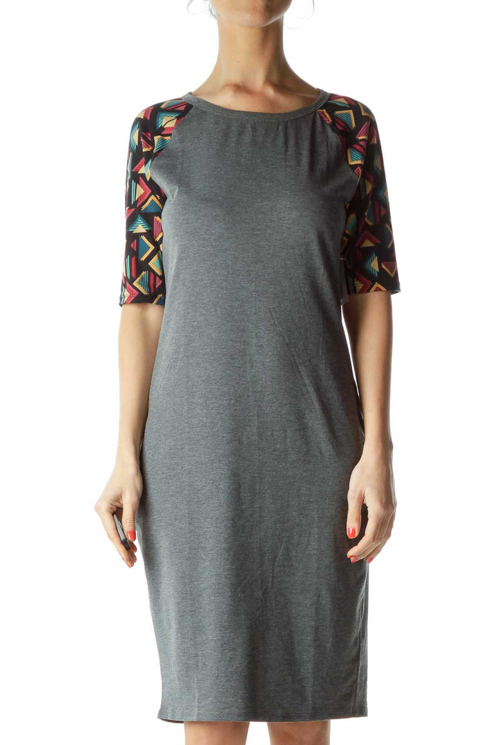 Gray Tribal Print Sleeve Jersey Dress