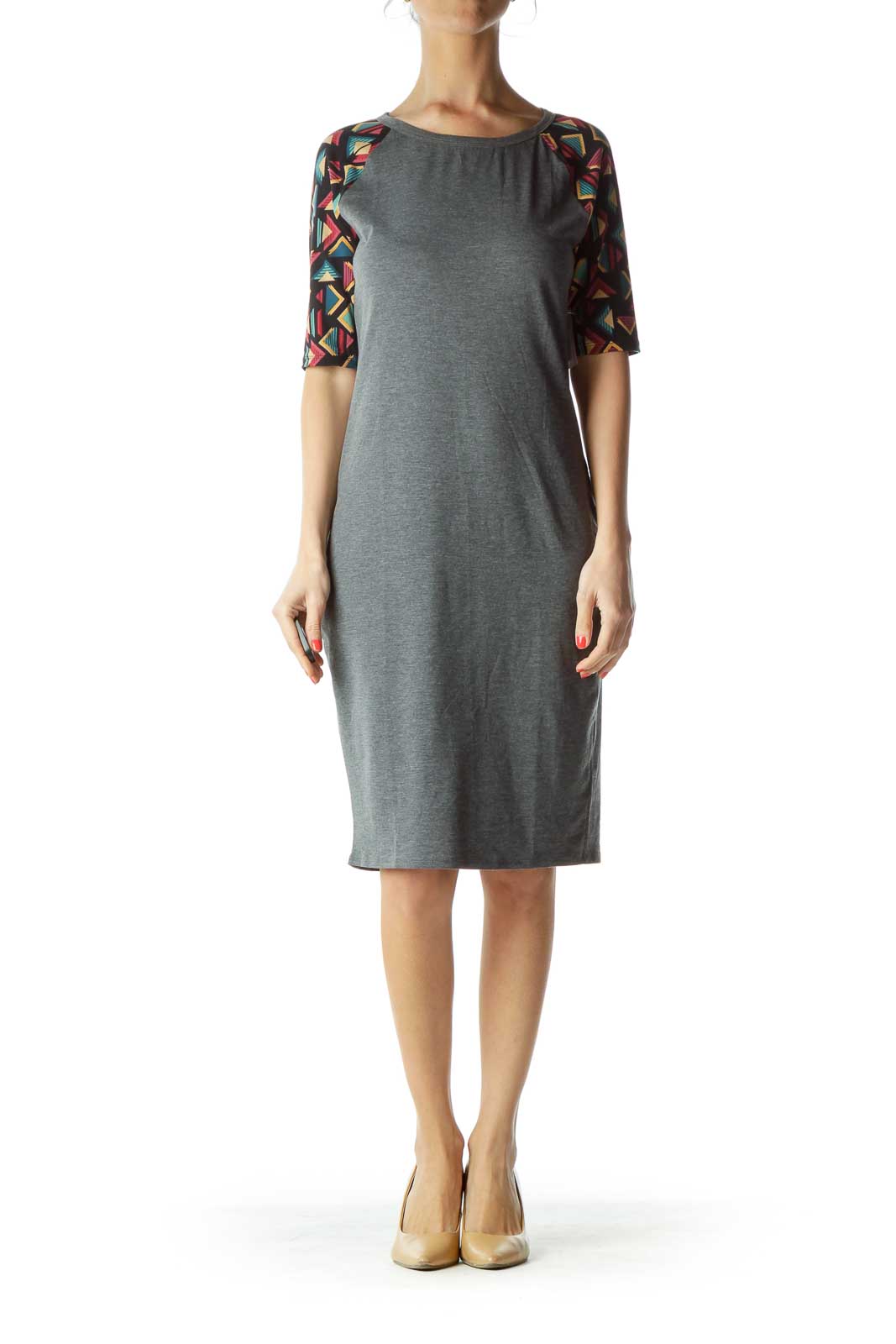 Gray Tribal Print Sleeve Jersey Dress