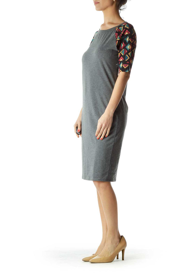 Gray Tribal Print Sleeve Jersey Dress