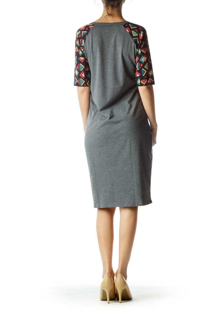 Gray Tribal Print Sleeve Jersey Dress