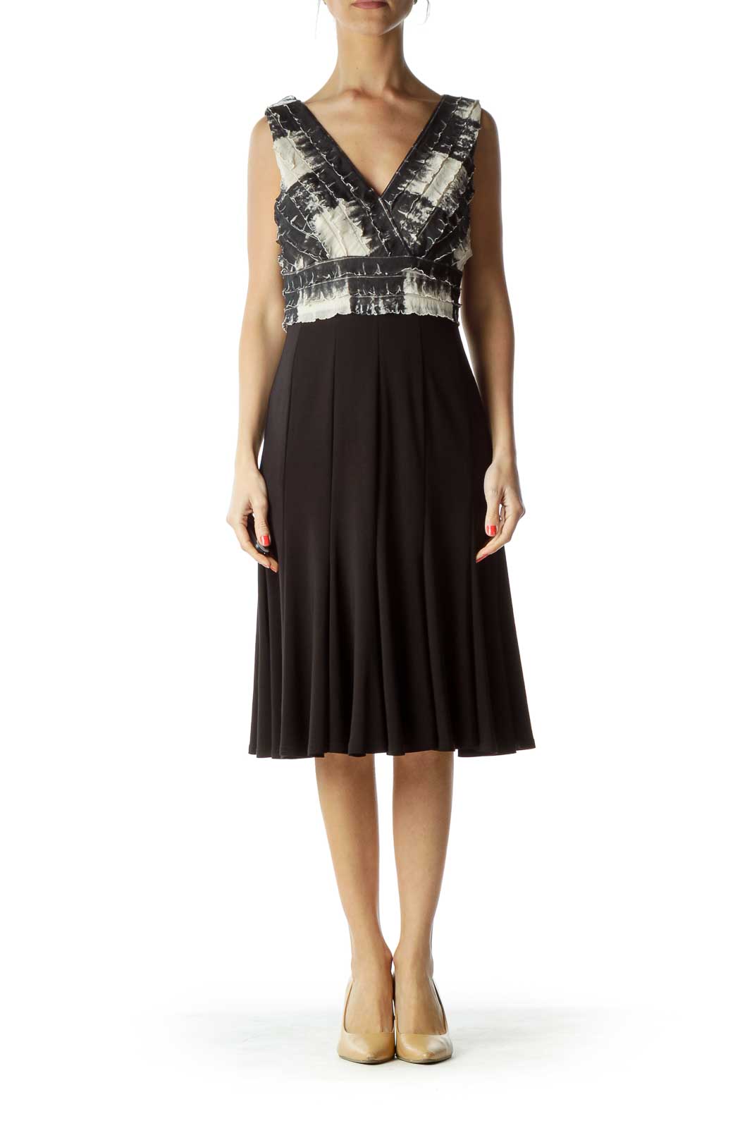 Black Beige Tie Die Pleated Cocktail Dress