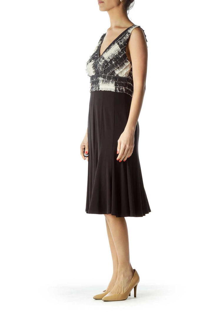 Black Beige Tie Die Pleated Cocktail Dress