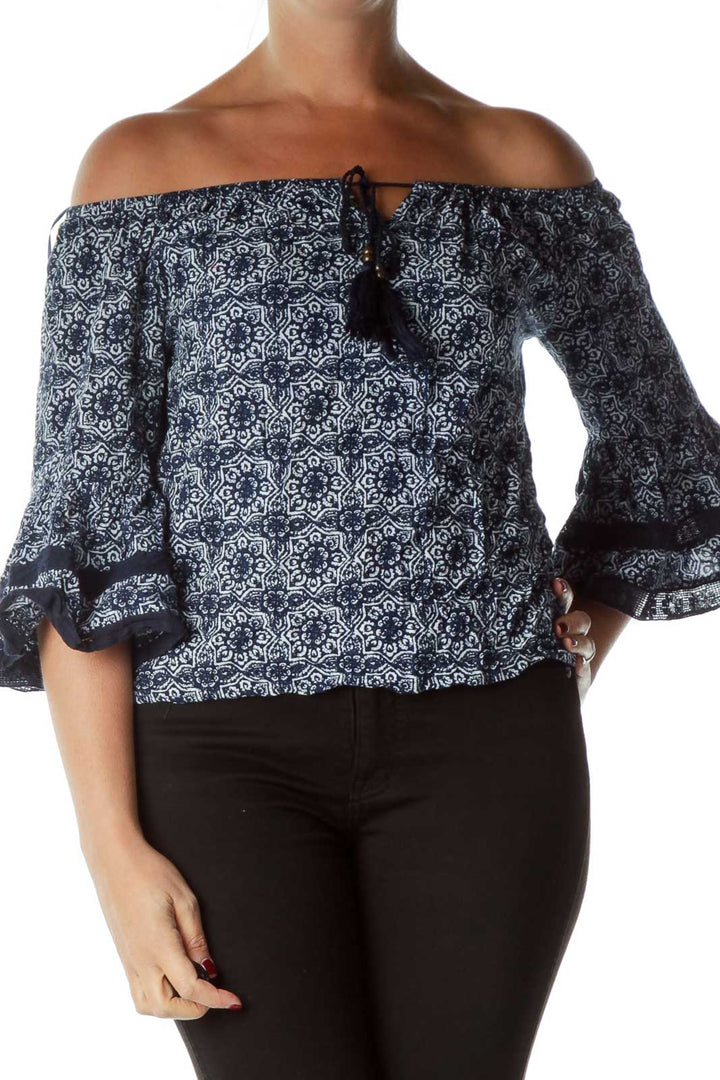 Blue White Printed Bell Sleeve Blouse