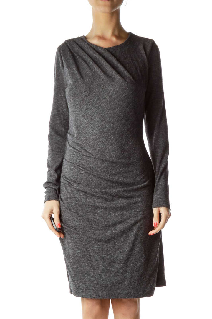 Gray Mottled Fitted Long Sleeve Dress