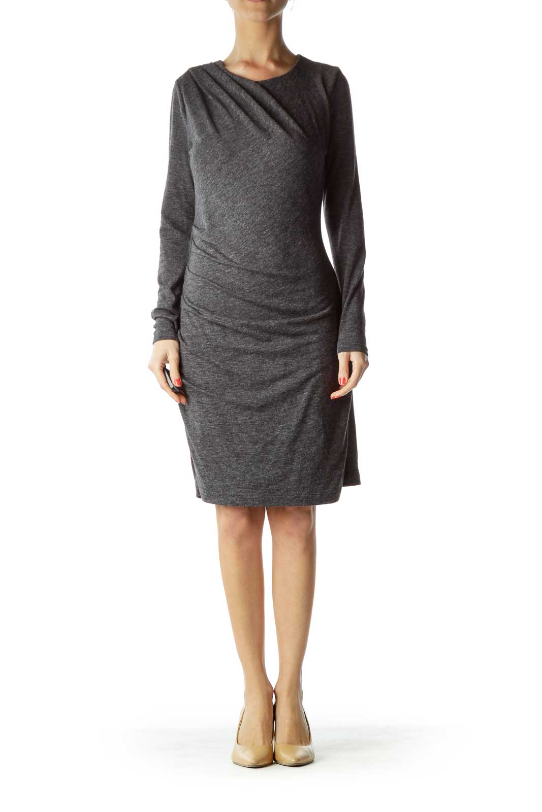 Gray Mottled Fitted Long Sleeve Dress