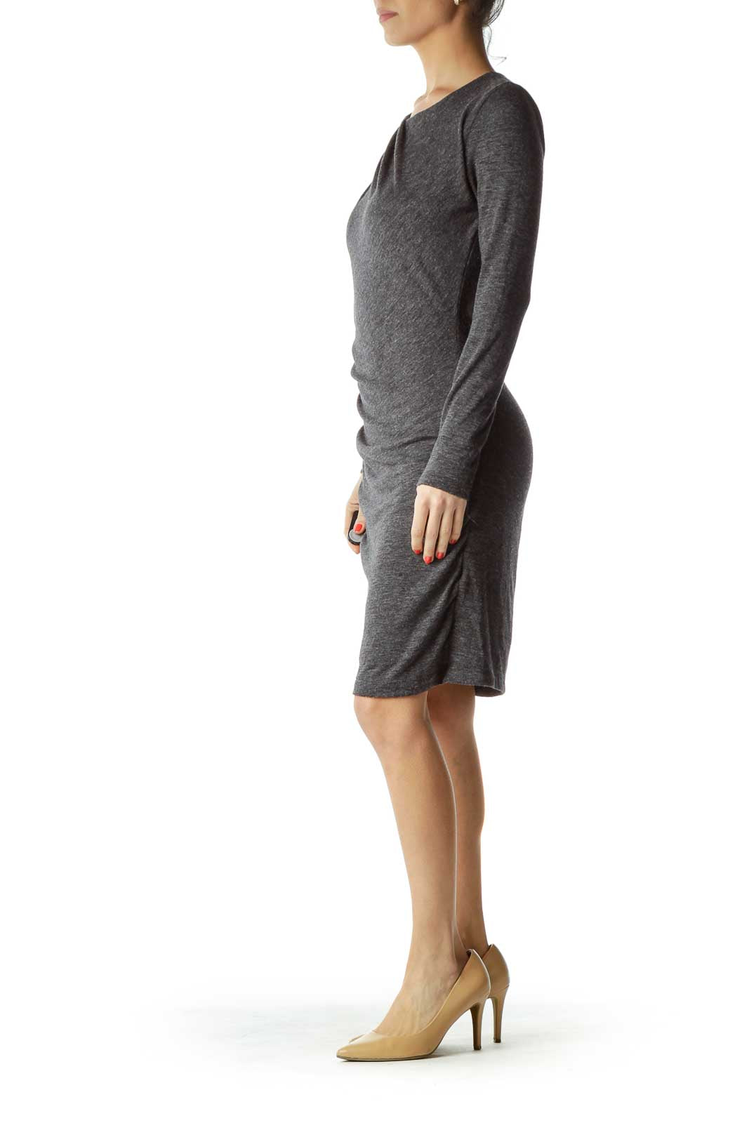 Gray Mottled Fitted Long Sleeve Dress