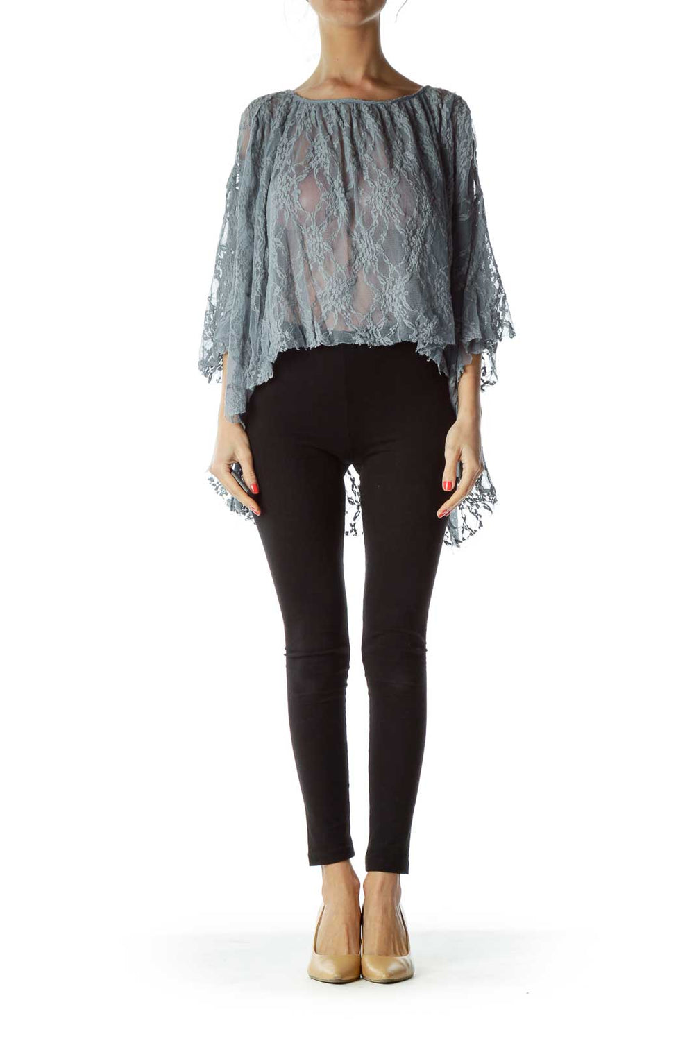 Front view of gray lace sheer poncho top with bell sleeves