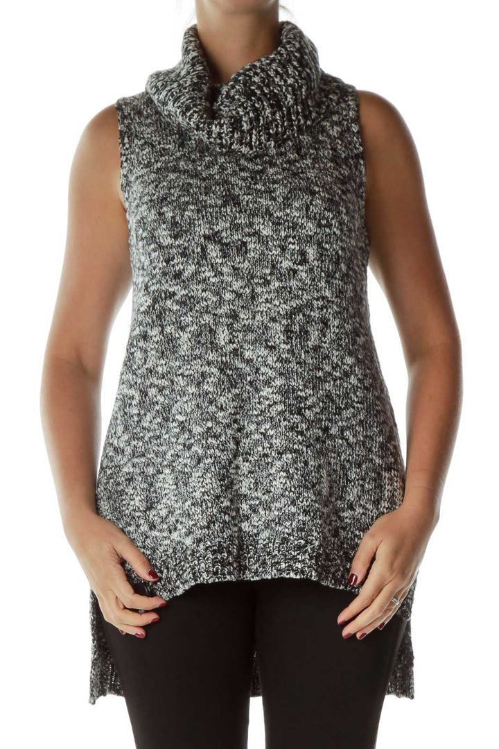 Black White Mottled Cowl Neck Sleeveless Sweater