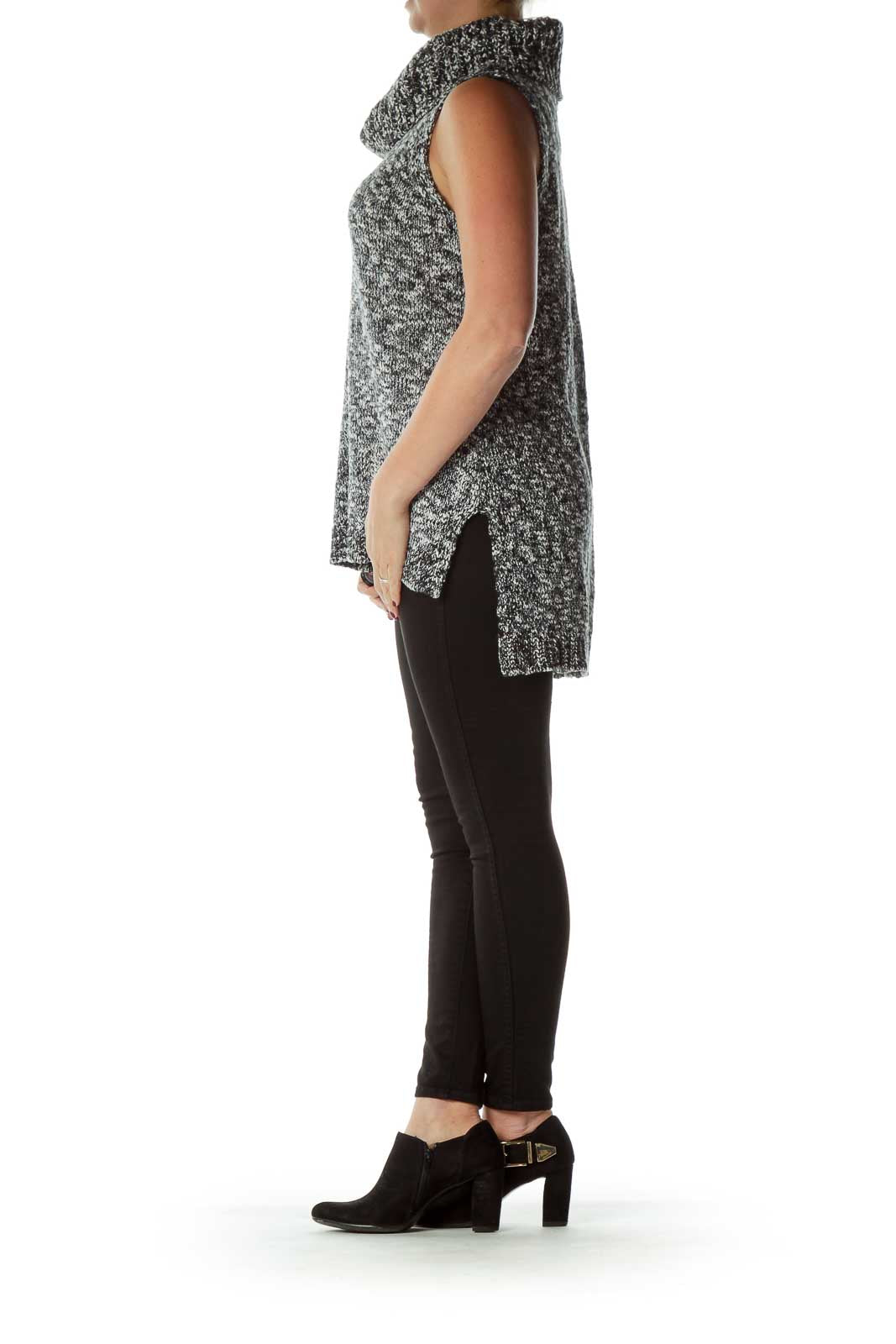 Black White Mottled Cowl Neck Sleeveless Sweater