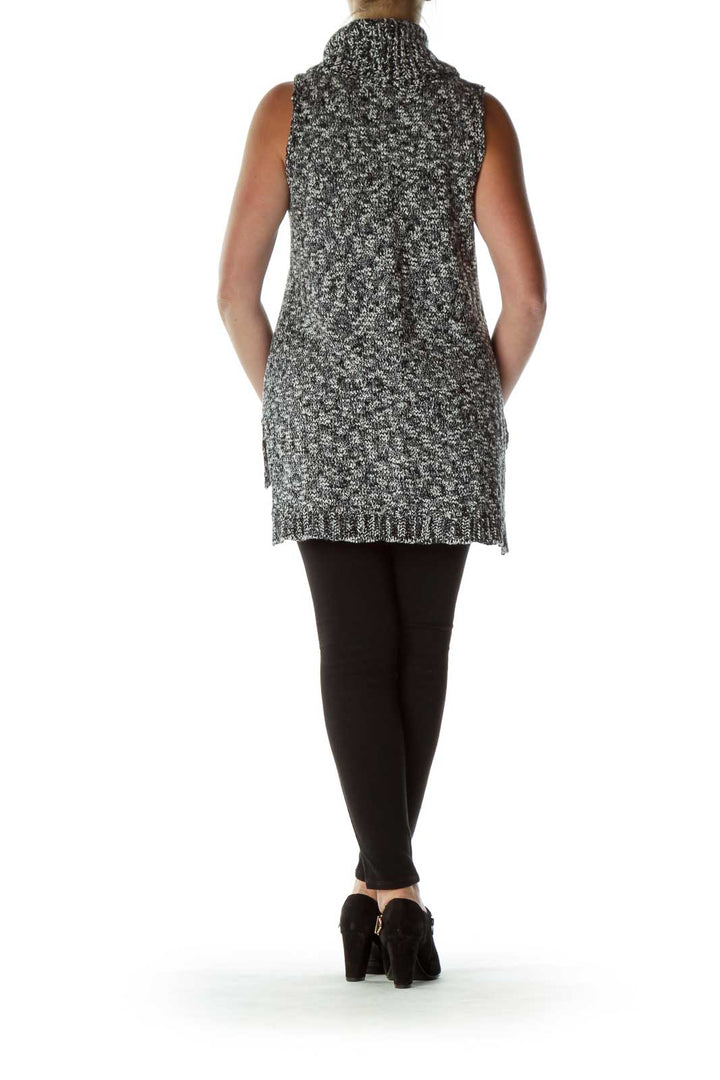 Black White Mottled Cowl Neck Sleeveless Sweater