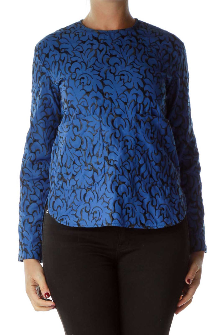 Blue Embroidered Long Sleeve Top