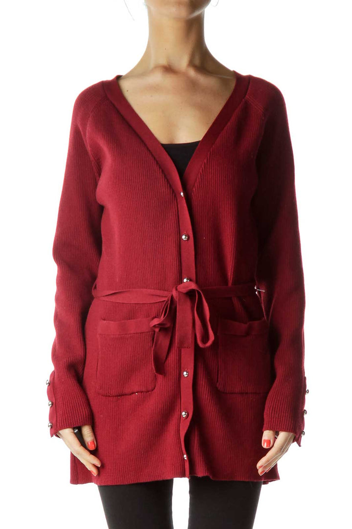 Red Ribbed Knit Cardigan