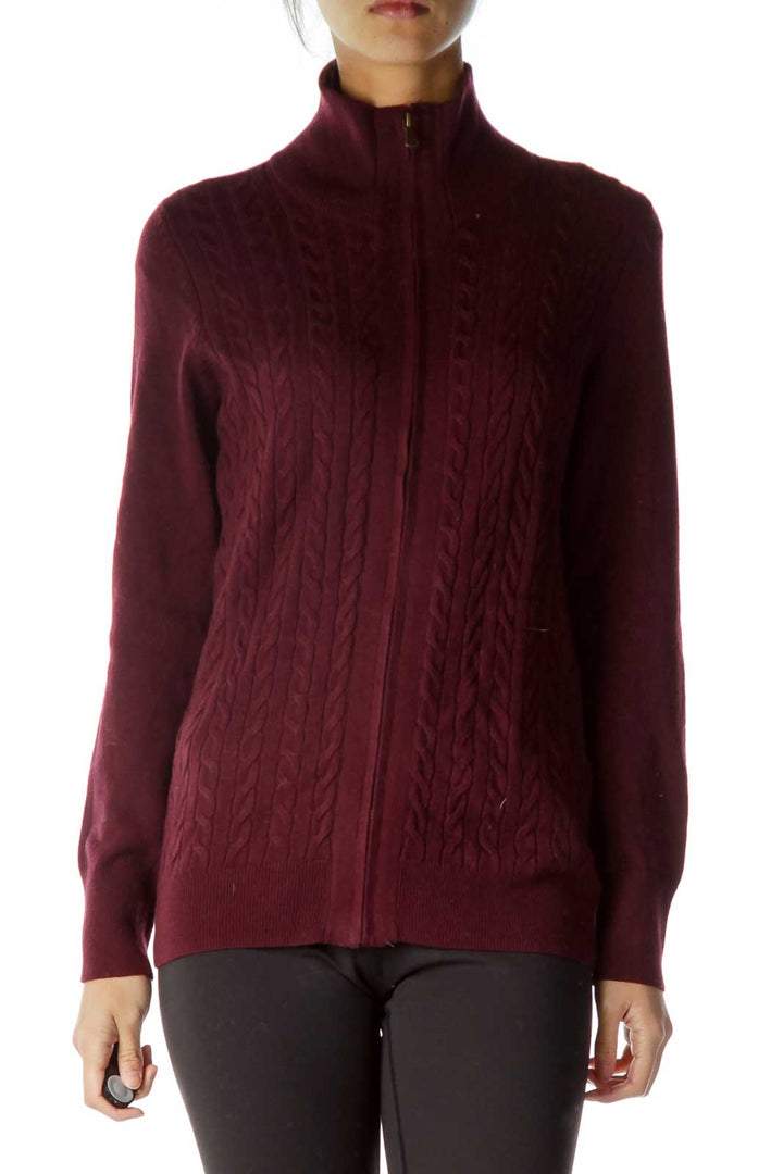 Burgundy Zippered Cable Knit Cardigan