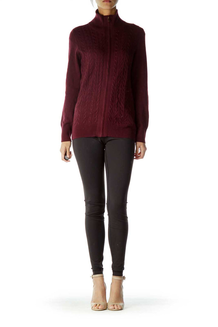 Burgundy Zippered Cable Knit Cardigan