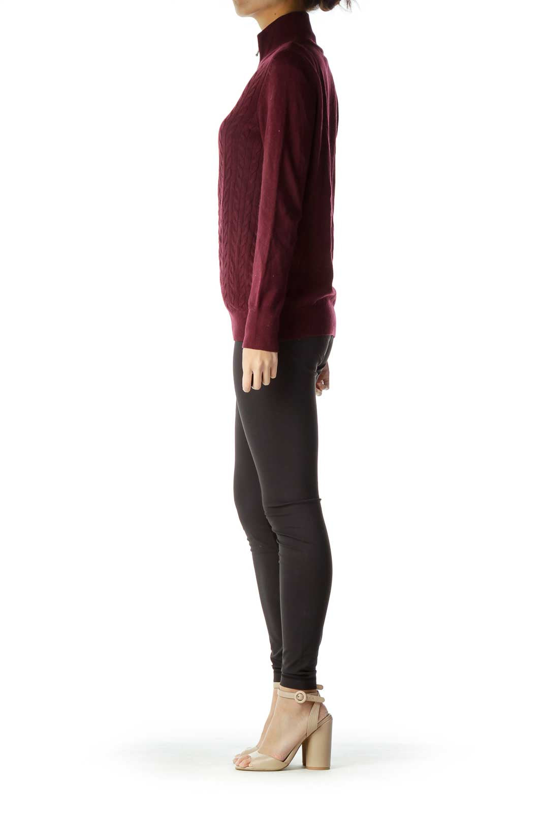 Burgundy Zippered Cable Knit Cardigan