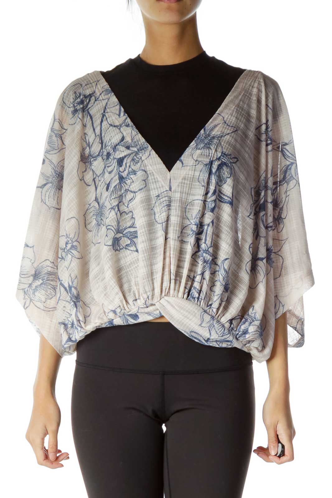 Front view of Free People beige floral print kimono-style crop top