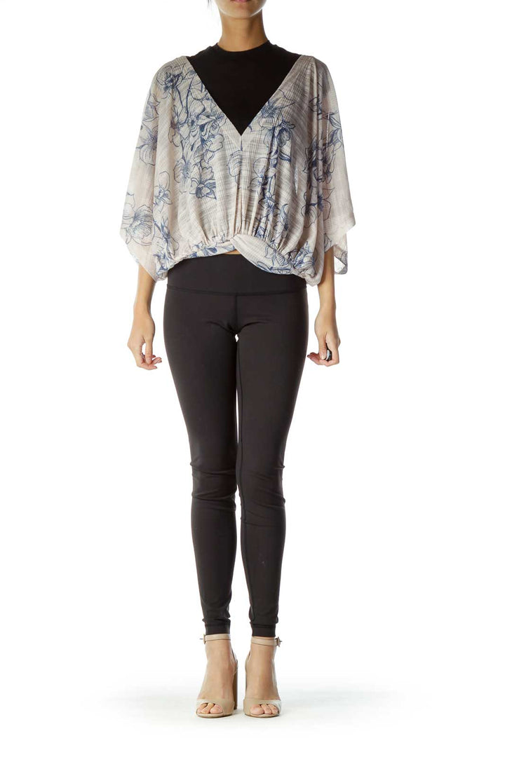 Front view of Free People beige floral print kimono-style crop top