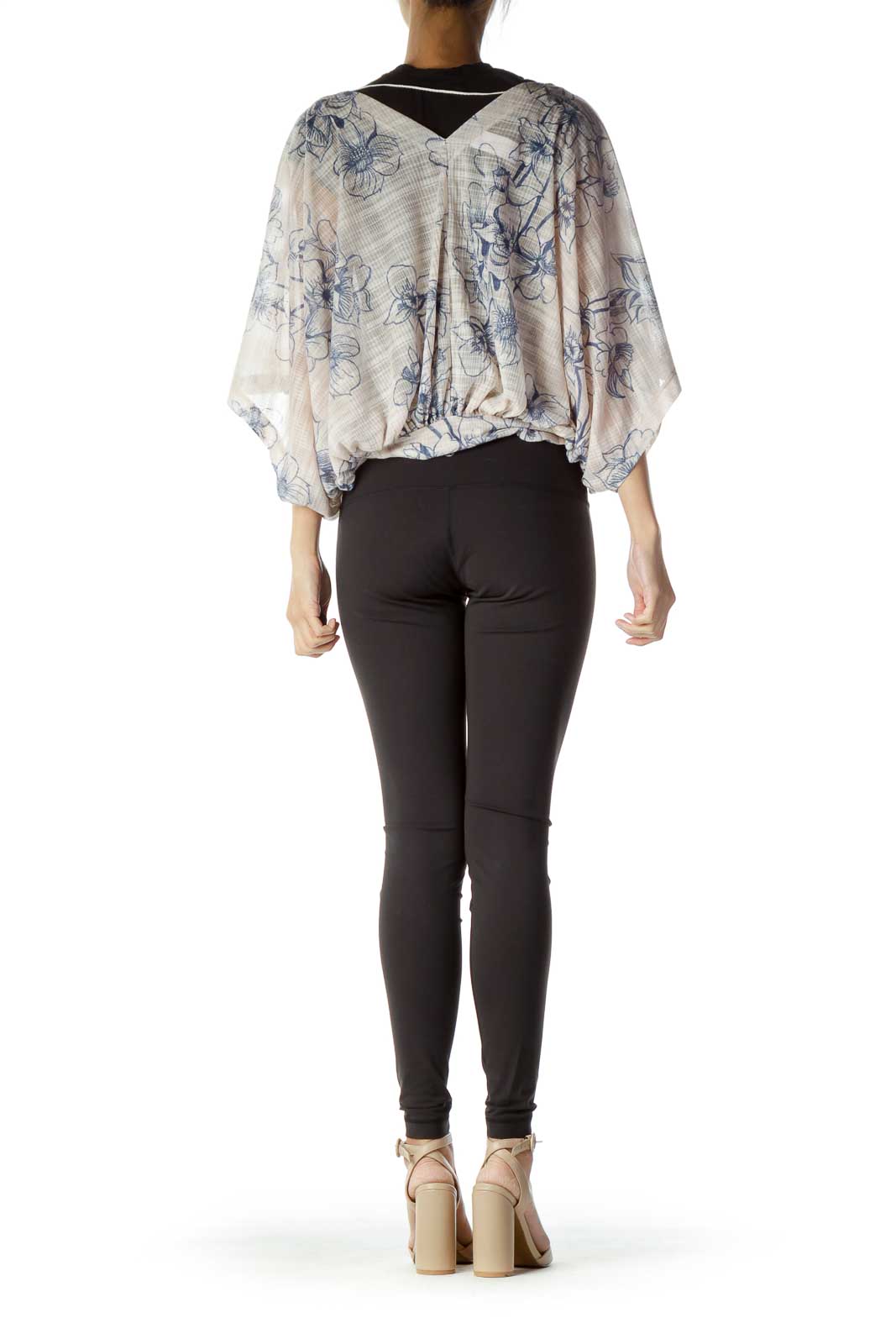 Back view of Free People beige floral print kimono-style crop top