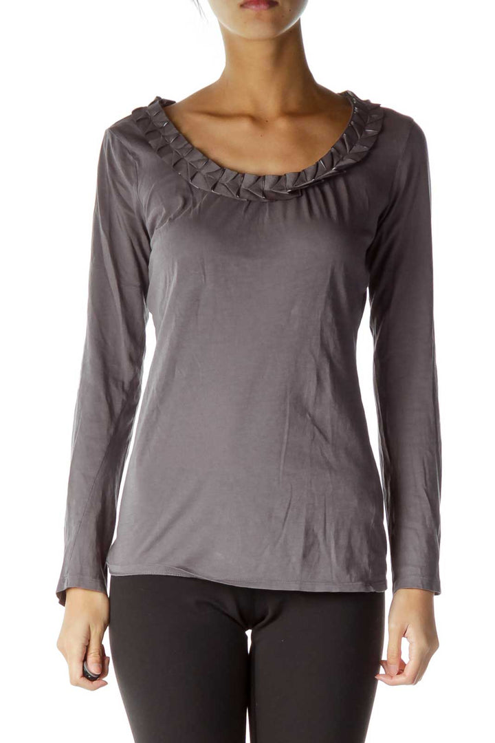 Gray Detailed Folded Neckline T-Shirt