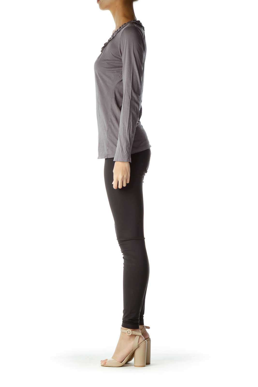 Gray Detailed Folded Neckline T-Shirt