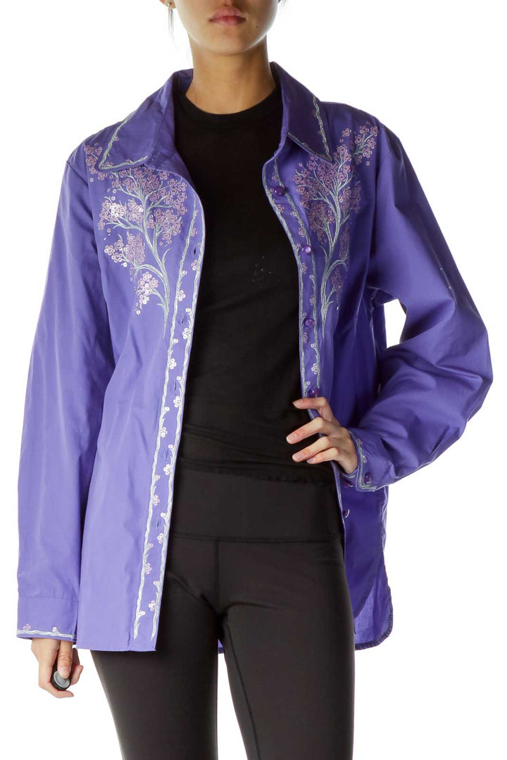 Purple Silver Sequined Embroidered Shirt