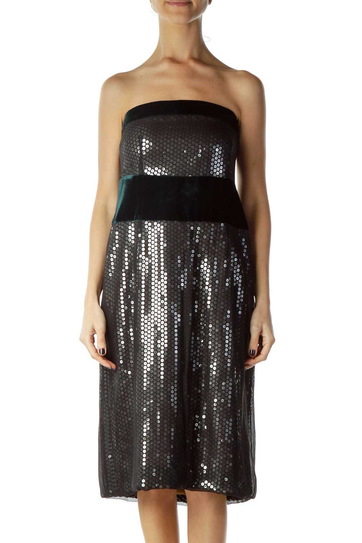 Black Green Silver Sequined Velvet Cocktail Dress