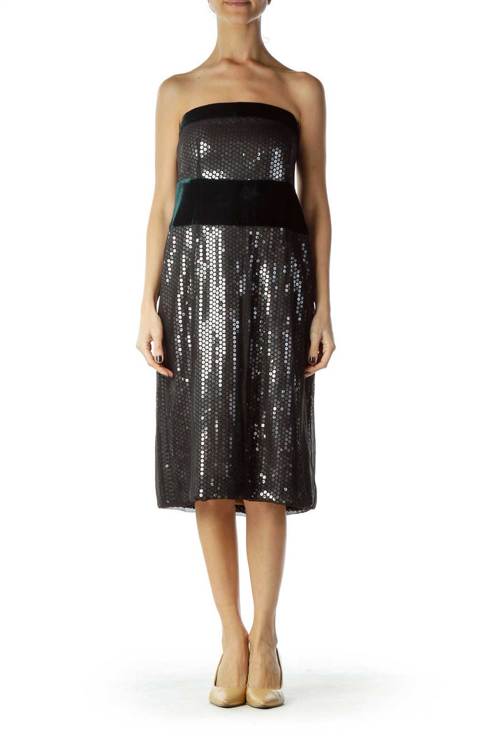 Black Green Silver Sequined Velvet Cocktail Dress