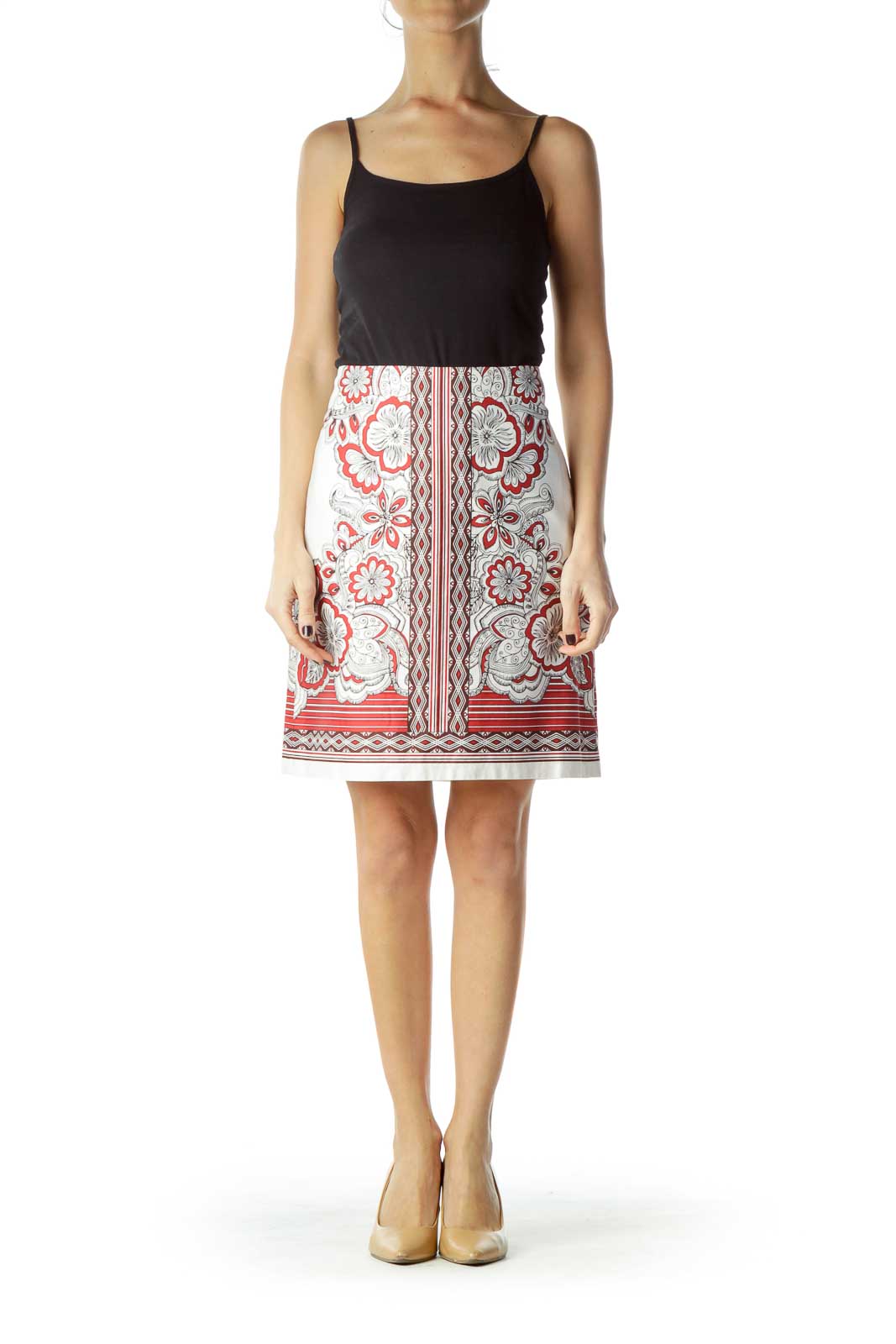 Cream Red Printed Cotton Skirt