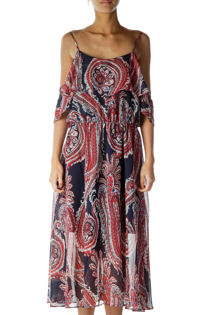 Red Blue Multicolor Print Loose Maxi Dress