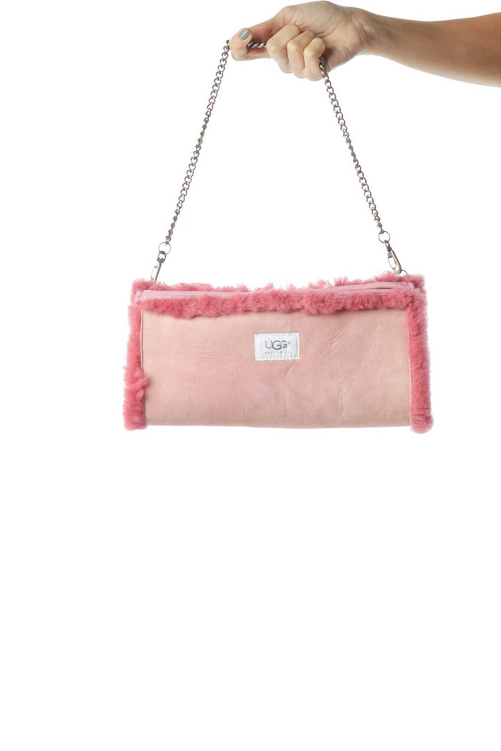 Pink Sheepskin Suede Clutch with Metal Strap