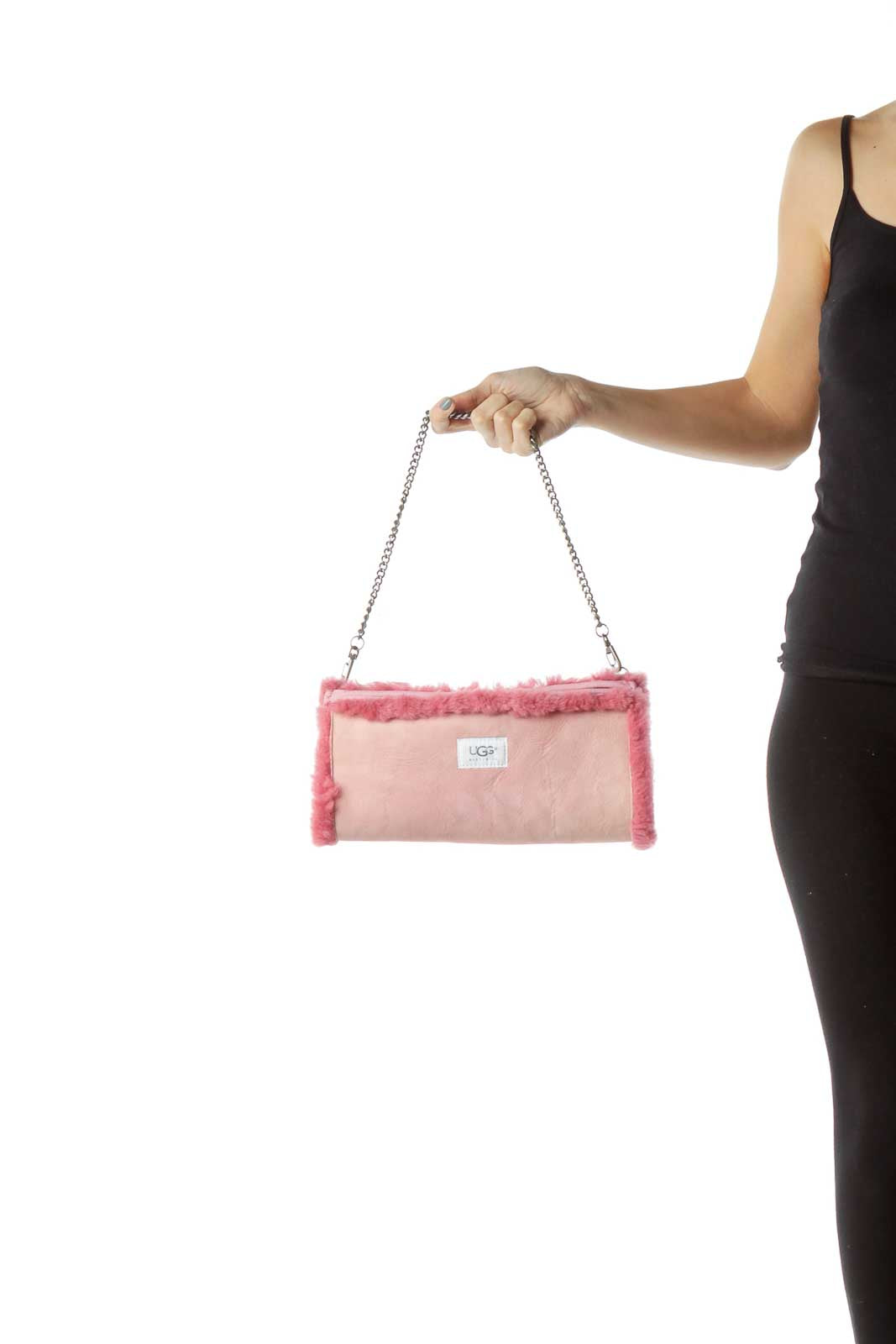 Pink Sheepskin Suede Clutch with Metal Strap