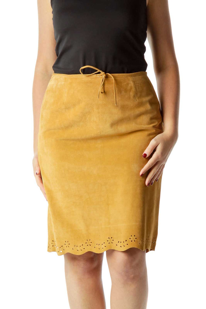 Brown Suede Drawstring Pencil Skirt