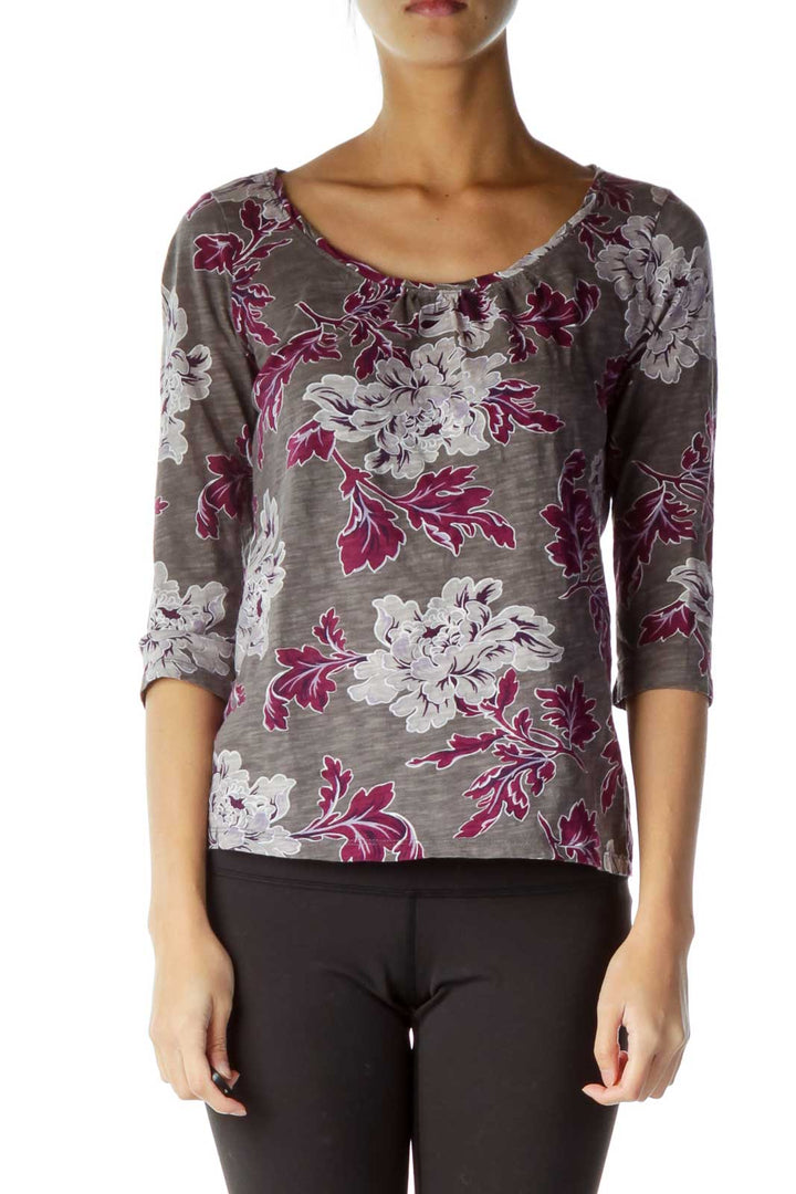 Purple Gray White Flower Long Sleeve T-Shirt