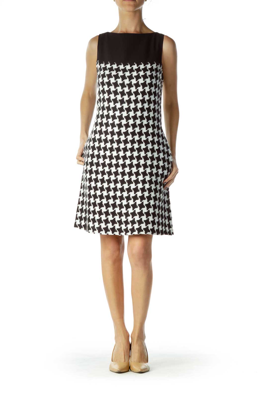 Black White houndstooth Shift Pocketed Dress