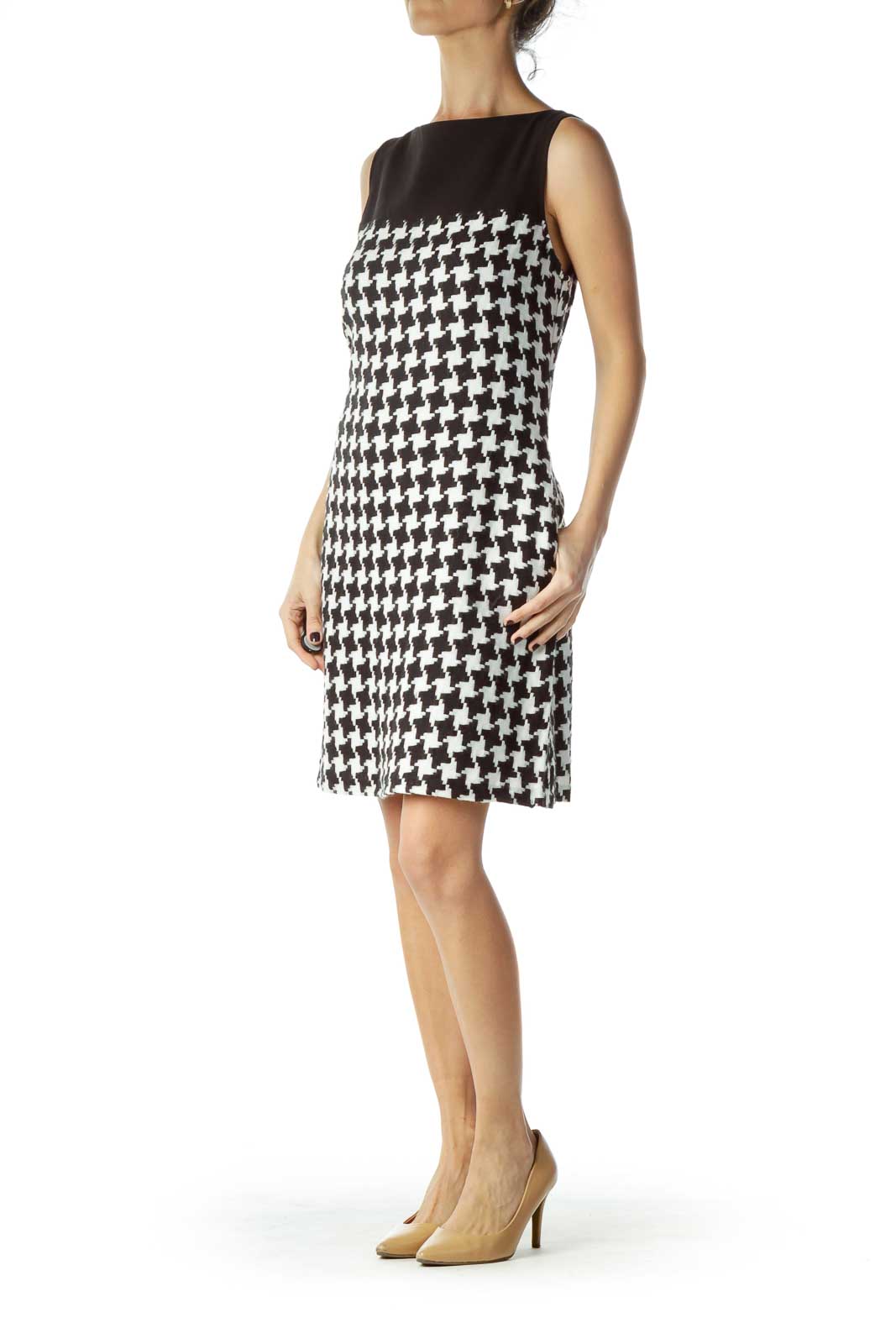 Black White houndstooth Shift Pocketed Dress