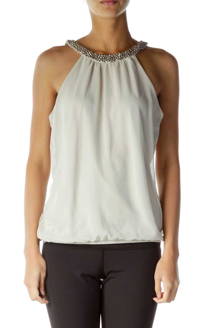 Cream Studded Round Neck Blouse